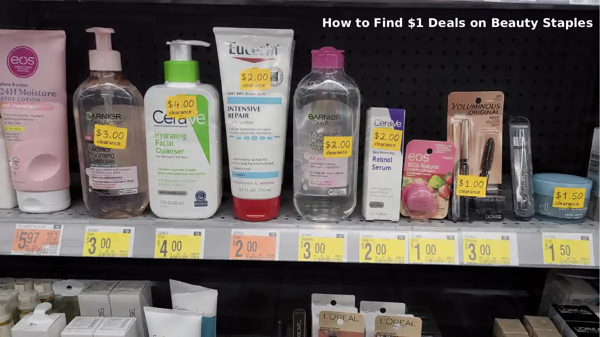 Walmart beauty clearance shelf with bright yellow and orange price tags showing $1, $2, and $3 stickers on various skincare and makeup products including moisturizers, face washes, and sunscreens.