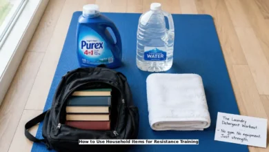 A laundry detergent jug, a gallon water jug, a backpack filled with books, and a towel arranged on a floor next to a yoga mat. A handwritten sign says "The Laundry Detergent Workout – $0 equipment."