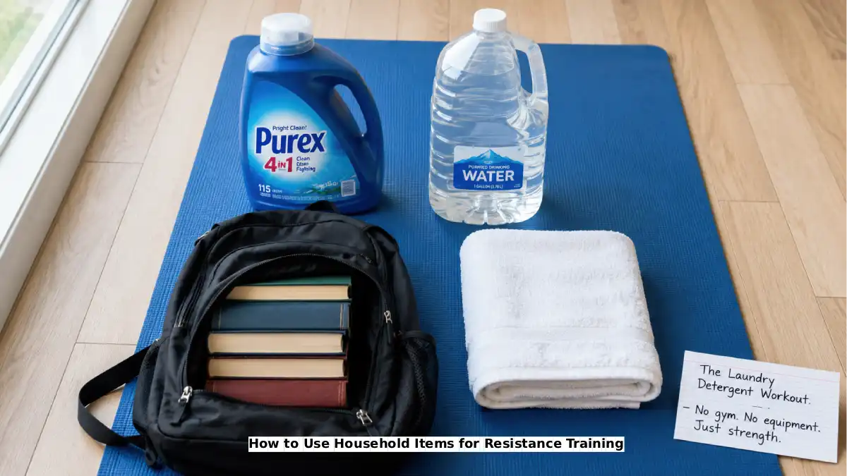 A laundry detergent jug, a gallon water jug, a backpack filled with books, and a towel arranged on a floor next to a yoga mat. A handwritten sign says "The Laundry Detergent Workout – $0 equipment."
