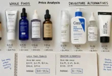A split comparison of five skincare products. Left side: Whole Foods products including Acure vitamin C serum, Weleda moisturizer, Andalou hyaluronic acid, Herbivore bakuchiol, and Evan Healy face oil. Right side: budget alternatives including Eva Naturals, CeraVe, The Ordinary, The Inkey List, and Leven Rose jojoba oil. A handwritten note says "$ vs $$$"