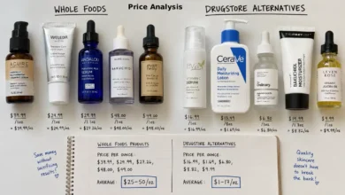 A split comparison of five skincare products. Left side: Whole Foods products including Acure vitamin C serum, Weleda moisturizer, Andalou hyaluronic acid, Herbivore bakuchiol, and Evan Healy face oil. Right side: budget alternatives including Eva Naturals, CeraVe, The Ordinary, The Inkey List, and Leven Rose jojoba oil. A handwritten note says "$ vs $$$"