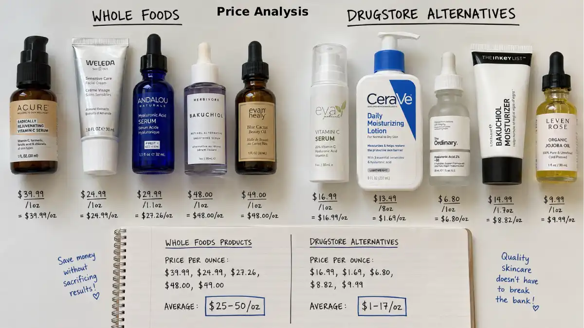 A split comparison of five skincare products. Left side: Whole Foods products including Acure vitamin C serum, Weleda moisturizer, Andalou hyaluronic acid, Herbivore bakuchiol, and Evan Healy face oil. Right side: budget alternatives including Eva Naturals, CeraVe, The Ordinary, The Inkey List, and Leven Rose jojoba oil. A handwritten note says "$ vs $$$"