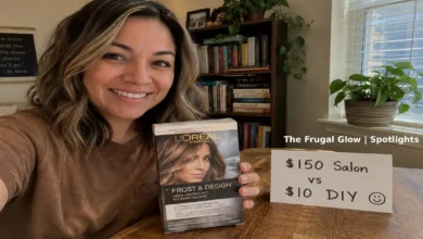 A happy woman with light brown hair and subtle honey highlights smiles while holding a $10 drugstore highlighting kit. Next to her, a handwritten sign shows "$150 vs $10" with a smiley face drawn next to the $10.