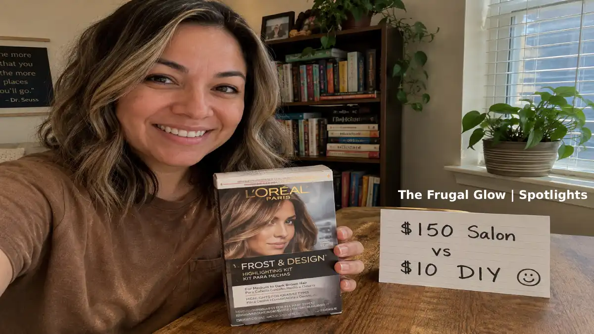 A happy woman with light brown hair and subtle honey highlights smiles while holding a $10 drugstore highlighting kit. Next to her, a handwritten sign shows "$150 vs $10" with a smiley face drawn next to the $10.