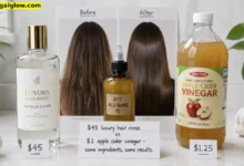 A glass bottle of raw unfiltered apple cider vinegar with "the mother" next to a squeeze bottle of DIY ACV hair rinse. Behind them, a before-and-after photo of hair – dull on one side, shiny on the other. A handwritten sign says "$45 vs $1 – Same shine."