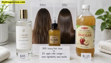 A glass bottle of raw unfiltered apple cider vinegar with "the mother" next to a squeeze bottle of DIY ACV hair rinse. Behind them, a before-and-after photo of hair – dull on one side, shiny on the other. A handwritten sign says "$45 vs $1 – Same shine."