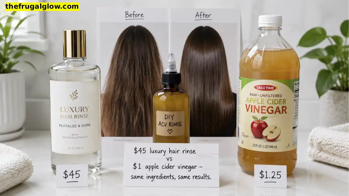 A glass bottle of raw unfiltered apple cider vinegar with "the mother" next to a squeeze bottle of DIY ACV hair rinse. Behind them, a before-and-after photo of hair – dull on one side, shiny on the other. A handwritten sign says "$45 vs $1 – Same shine."