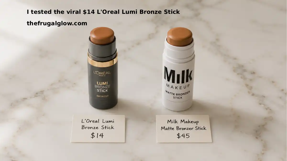L'Oreal Lumi Bronze Stick in shade Medium next to a Milk Makeup Matte Bronzer Stick in shade Baked. Both are twisted up to show the product. A small handwritten sign says "L'Oreal $14" next to one and "Milk $45" next to the other. Soft natural lighting.