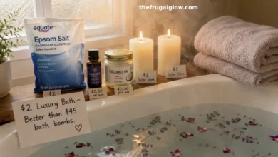 A beautiful bathroom with a bathtub filled with water. Next to the tub are a bag of Epsom salt, a small bottle of lavender essential oil, a jar of coconut oil, a candle, and a folded towel. Steam rises from the water.