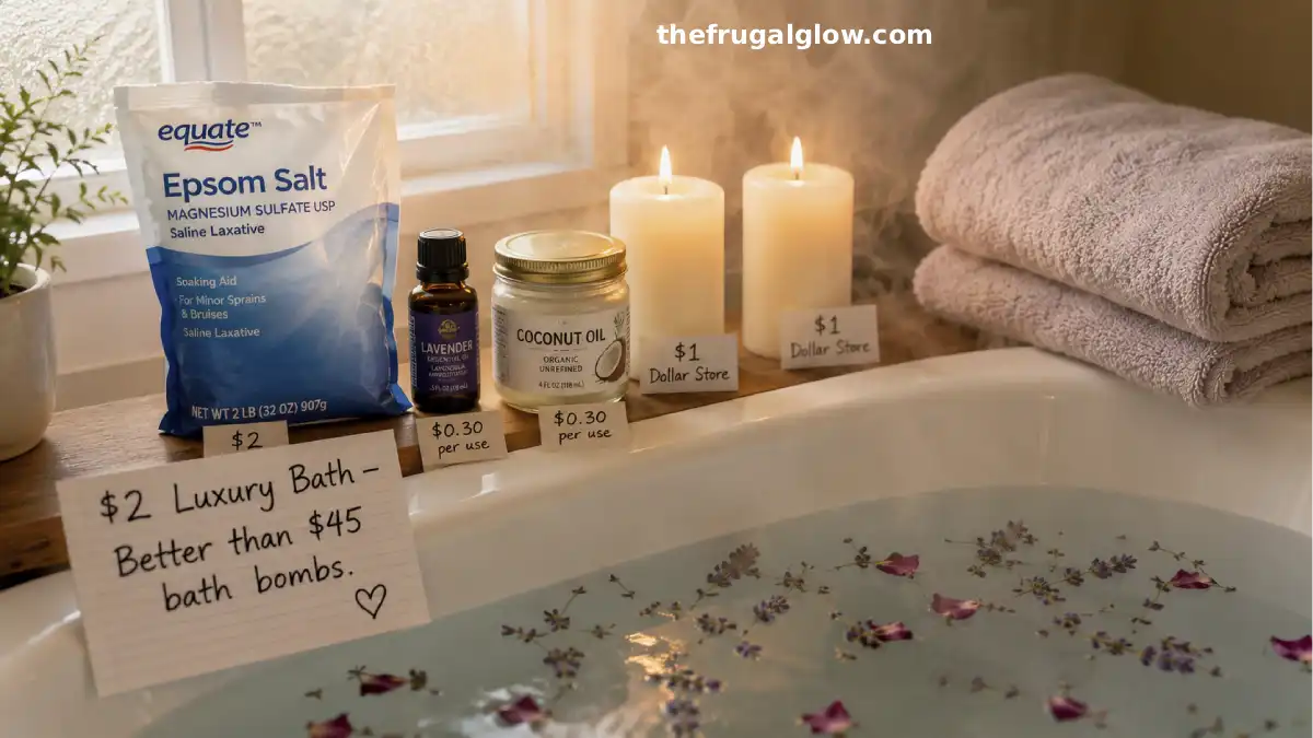 A beautiful bathroom with a bathtub filled with water. Next to the tub are a bag of Epsom salt, a small bottle of lavender essential oil, a jar of coconut oil, a candle, and a folded towel. Steam rises from the water.