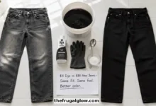 A split image showing faded gray jeans on the left and deep black jeans on the right. A bottle of Rit Dye and a bucket of black dye are in the center. A handwritten sign says "$5 vs $80 – Same jeans."