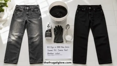 A split image showing faded gray jeans on the left and deep black jeans on the right. A bottle of Rit Dye and a bucket of black dye are in the center. A handwritten sign says "$5 vs $80 – Same jeans."