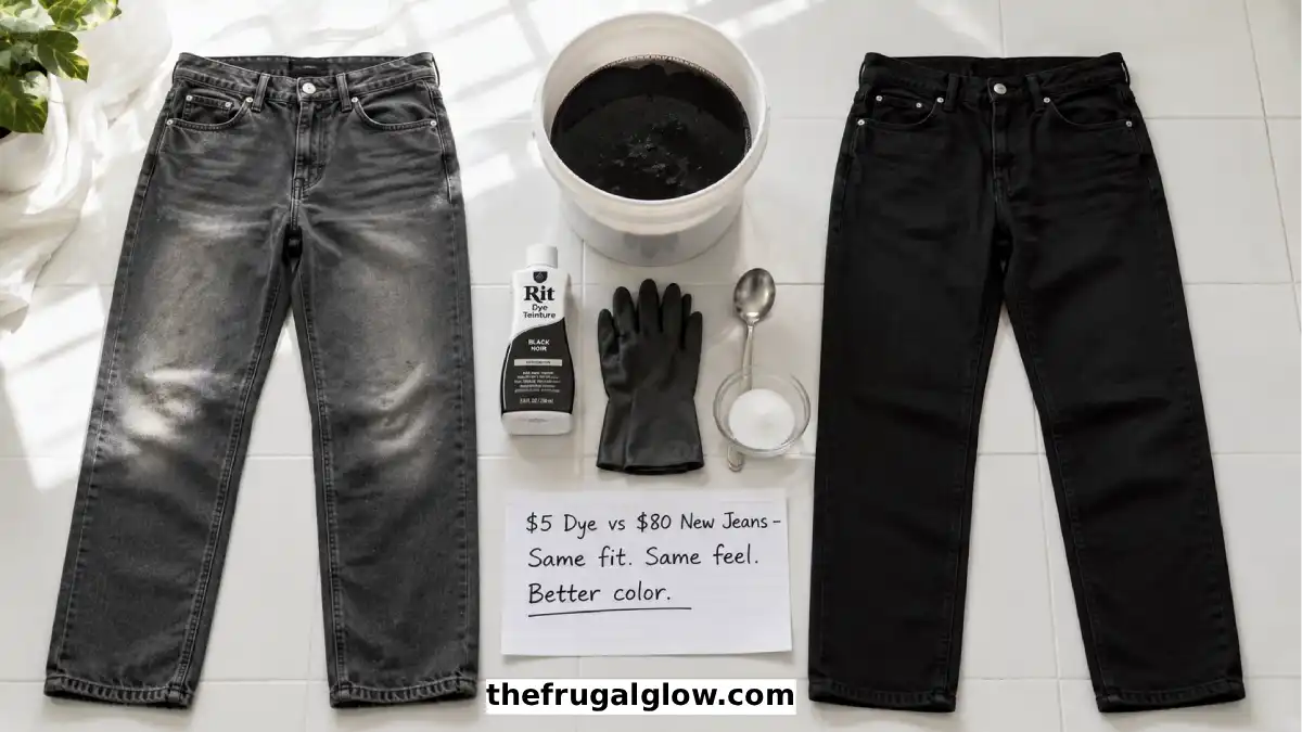 A split image showing faded gray jeans on the left and deep black jeans on the right. A bottle of Rit Dye and a bucket of black dye are in the center. A handwritten sign says "$5 vs $80 – Same jeans."