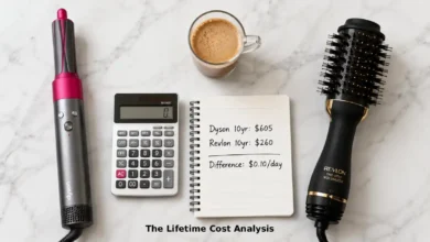 Split image comparing the Dyson Airwrap in pink and gray ($500) with the Revlon One-Step Volumizer in black and gold ($40). Behind them, a calculator and handwritten notes showing lifetime cost calculations: Dyson $605 over 10 years, Revlon $260 over 10 years.