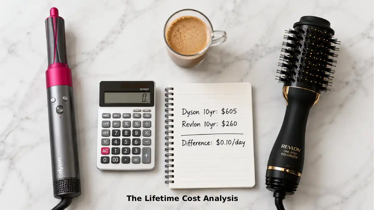 Split image comparing the Dyson Airwrap in pink and gray ($500) with the Revlon One-Step Volumizer in black and gold ($40). Behind them, a calculator and handwritten notes showing lifetime cost calculations: Dyson $605 over 10 years, Revlon $260 over 10 years.
