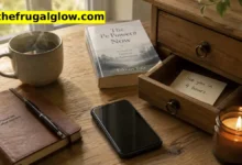 A smartphone face down on a wooden table next to a drawer that is slightly open. A book, a coffee mug, and a small notebook with a pen are next to the phone. A handwritten sign says "Do Not Disturb – Brain Reset in Progress."