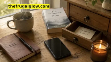 A smartphone face down on a wooden table next to a drawer that is slightly open. A book, a coffee mug, and a small notebook with a pen are next to the phone. A handwritten sign says "Do Not Disturb – Brain Reset in Progress."