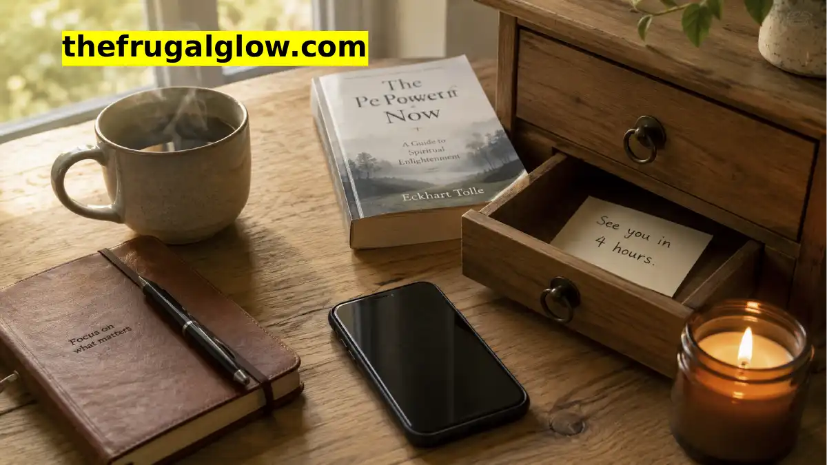 A smartphone face down on a wooden table next to a drawer that is slightly open. A book, a coffee mug, and a small notebook with a pen are next to the phone. A handwritten sign says "Do Not Disturb – Brain Reset in Progress."