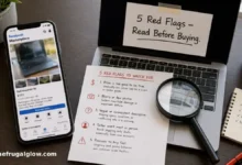 A split image showing a Facebook Marketplace listing on a smartphone on the left, and a laptop with a bright green warning symbol and the text "Red Flags" on the right. A magnifying glass is pointing at the listing.