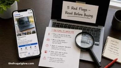 A split image showing a Facebook Marketplace listing on a smartphone on the left, and a laptop with a bright green warning symbol and the text "Red Flags" on the right. A magnifying glass is pointing at the listing.