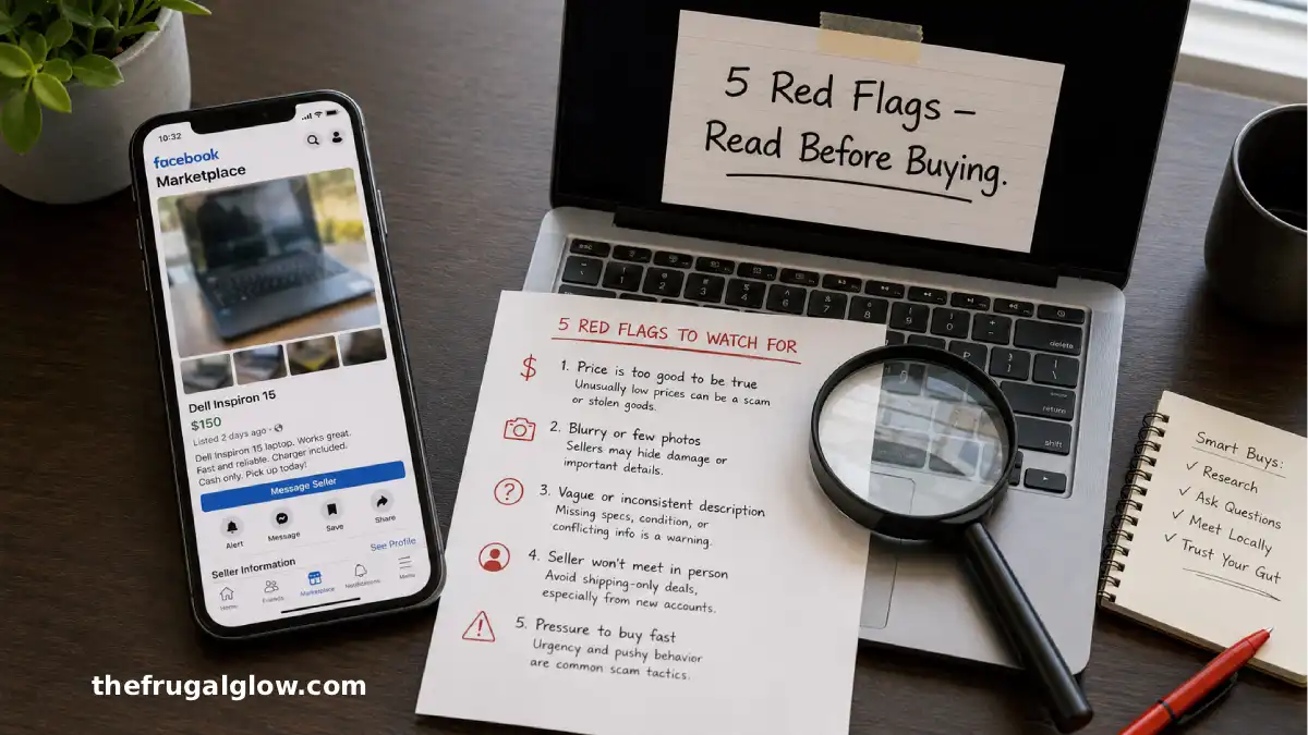 A split image showing a Facebook Marketplace listing on a smartphone on the left, and a laptop with a bright green warning symbol and the text "Red Flags" on the right. A magnifying glass is pointing at the listing.