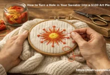 A close-up, artistic shot of a woman's hands holding a cream-colored chunky knit sweater. Where a hole used to be, there is now a vibrant sunburst of yellow, orange, and coral embroidery floss in a starburst pattern. A wooden embroidery hoop sits nearby, and a needle with bright thread is paused mid-stitch. The lighting is warm golden hour.