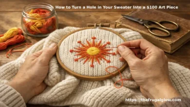 A close-up, artistic shot of a woman's hands holding a cream-colored chunky knit sweater. Where a hole used to be, there is now a vibrant sunburst of yellow, orange, and coral embroidery floss in a starburst pattern. A wooden embroidery hoop sits nearby, and a needle with bright thread is paused mid-stitch. The lighting is warm golden hour.