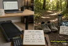 A split image comparing a walking pad under a standing desk on the left side and a person walking on a forest trail on the right side. A calculator and handwritten notes showing cost calculations between the two. A sign says "Which is actually more frugal in 2026?"