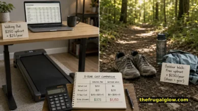 A split image comparing a walking pad under a standing desk on the left side and a person walking on a forest trail on the right side. A calculator and handwritten notes showing cost calculations between the two. A sign says "Which is actually more frugal in 2026?"