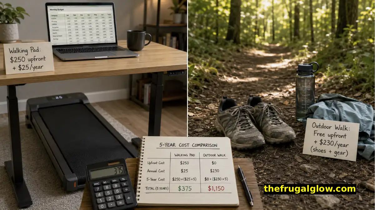 A split image comparing a walking pad under a standing desk on the left side and a person walking on a forest trail on the right side. A calculator and handwritten notes showing cost calculations between the two. A sign says "Which is actually more frugal in 2026?"