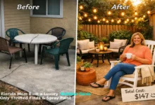 A beautiful outdoor patio with thrifted furniture transformed by spray paint. A black metal bistro set, a white rocking chair, a natural wicker chair, terracotta pots with succulents, string lights, and a woven outdoor rug. A handwritten sign says "$147 total."