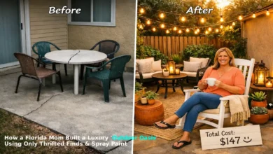 A beautiful outdoor patio with thrifted furniture transformed by spray paint. A black metal bistro set, a white rocking chair, a natural wicker chair, terracotta pots with succulents, string lights, and a woven outdoor rug. A handwritten sign says "$147 total."