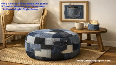 A beautiful, cozy living room corner with a rattan chair and a chunky knit throw blanket. On the floor sits a gorgeous denim patchwork ottoman made from different shades of blue jeans. On the wall hangs a framed denim pocket organizer with small dried flowers peeking out. A coffee mug sits on a denim coaster next to a candle in a denim-wrapped holder. The vibe is warm, boho, and shockingly professional.