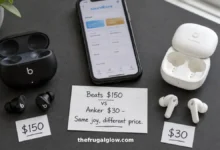 A side-by-side comparison of Beats Studio Buds ($150) and Anker Soundcore P20i earbuds ($30). The Beats are in a black charging case, the Anker in a white case. A handwritten sign shows the price difference.