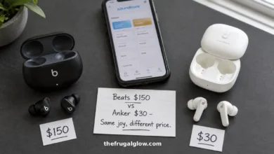 A side-by-side comparison of Beats Studio Buds ($150) and Anker Soundcore P20i earbuds ($30). The Beats are in a black charging case, the Anker in a white case. A handwritten sign shows the price difference.