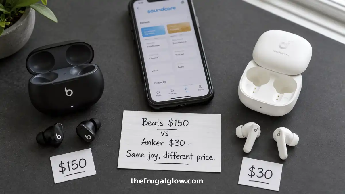 A side-by-side comparison of Beats Studio Buds ($150) and Anker Soundcore P20i earbuds ($30). The Beats are in a black charging case, the Anker in a white case. A handwritten sign shows the price difference.