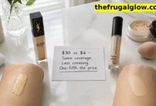 A split image comparing a $30 high-end concealer on the left with the e.l.f. Hydrating Camo Concealer ($6) on the right. Under each, a swatch shows the texture. The cheap concealer is thinner and smoother.