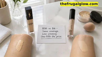 A split image comparing a $30 high-end concealer on the left with the e.l.f. Hydrating Camo Concealer ($6) on the right. Under each, a swatch shows the texture. The cheap concealer is thinner and smoother.