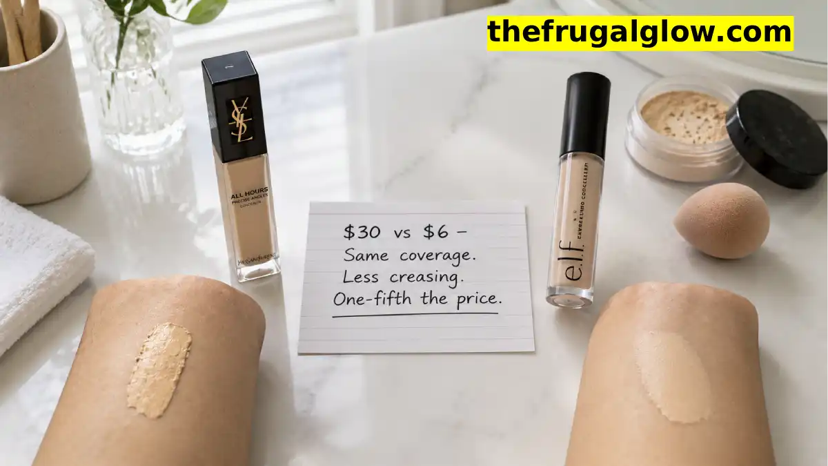 A split image comparing a $30 high-end concealer on the left with the e.l.f. Hydrating Camo Concealer ($6) on the right. Under each, a swatch shows the texture. The cheap concealer is thinner and smoother.