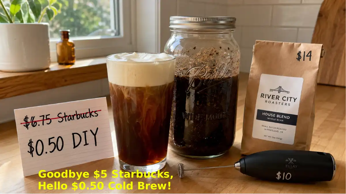 A glass of homemade cold brew with vanilla sweet cream cold foam on top. Next to the glass, a Mason jar with coffee grounds and water steeping, a bag of coffee beans, and a handwritten card showing "$0.50 vs $6.75".