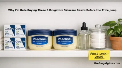 A well-organized bathroom cabinet shelf showing three identical boxes of CeraVe PM Facial Moisturizing Lotion, two large tubs of Vaseline Petroleum Jelly, and a bottle of mineral oil with a dropper. A small sticky note taped to the shelf reads "PRICE LOCK" in handwritten marker. Soft natural light from a window illuminates the scene.