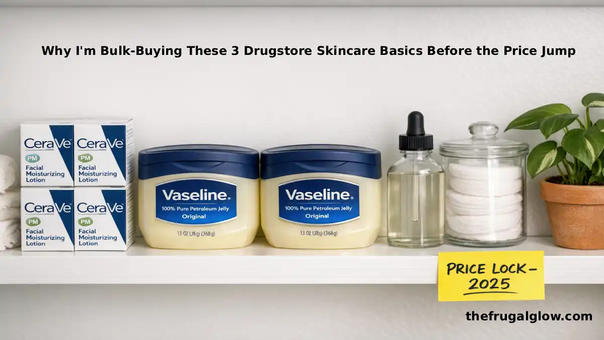 A well-organized bathroom cabinet shelf showing three identical boxes of CeraVe PM Facial Moisturizing Lotion, two large tubs of Vaseline Petroleum Jelly, and a bottle of mineral oil with a dropper. A small sticky note taped to the shelf reads "PRICE LOCK" in handwritten marker. Soft natural light from a window illuminates the scene.