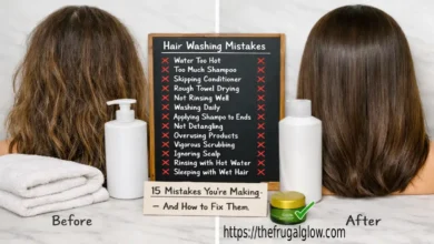 A split image showing damaged, frizzy hair on the left and healthy, shiny hair on the right. In the center, a checklist of 15 hair washing mistakes with red X's next to the wrong way and green checkmarks next to the right way.