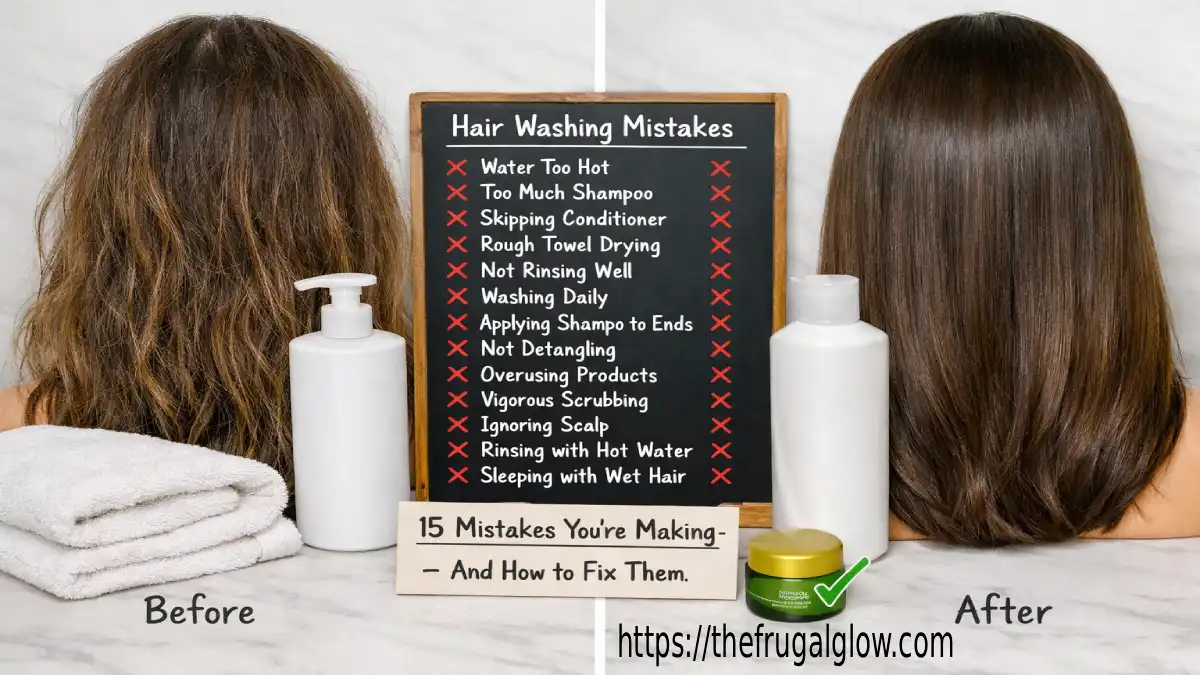 A split image showing damaged, frizzy hair on the left and healthy, shiny hair on the right. In the center, a checklist of 15 hair washing mistakes with red X's next to the wrong way and green checkmarks next to the right way.