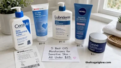 Five moisturizers from CVS arranged on a white surface: CeraVe Daily Moisturizing Lotion, CVS Health Dry Skin Therapy Deep Repair Lotion, Lubriderm Daily Moisturizer, Nivea Sensitive and Radiant Cream, and CeraVe Skin Renewing Night Cream. A CVS receipt shows the total under $25.