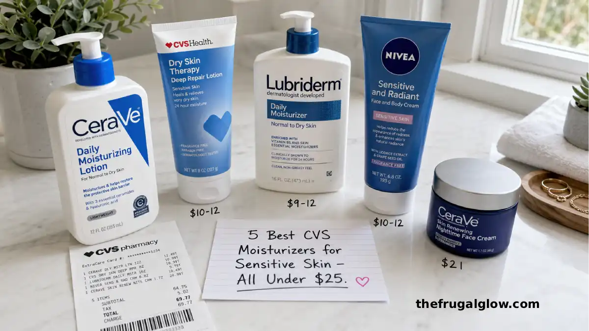 Five moisturizers from CVS arranged on a white surface: CeraVe Daily Moisturizing Lotion, CVS Health Dry Skin Therapy Deep Repair Lotion, Lubriderm Daily Moisturizer, Nivea Sensitive and Radiant Cream, and CeraVe Skin Renewing Night Cream. A CVS receipt shows the total under $25.