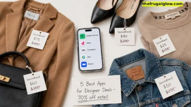 Five secondhand shopping apps on a smartphone screen: Vestiaire Collective, Depop, The RealReal, Gem, and Whatnot. Behind the phone, designer clothing items with price tags showing 70% off.