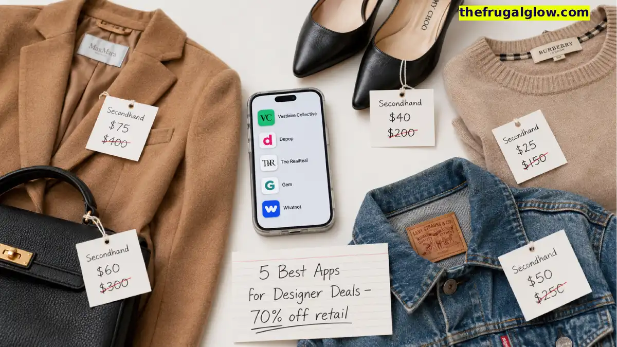 Five secondhand shopping apps on a smartphone screen: Vestiaire Collective, Depop, The RealReal, Gem, and Whatnot. Behind the phone, designer clothing items with price tags showing 70% off.