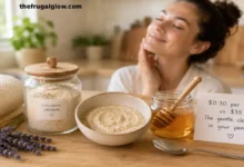 A small bowl of creamy oatmeal and honey paste next to a jar of ground oatmeal powder, a jar of raw honey, and a spoon. A clean face with calm, glowing skin is visible in the background.