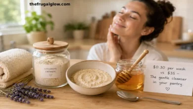 A small bowl of creamy oatmeal and honey paste next to a jar of ground oatmeal powder, a jar of raw honey, and a spoon. A clean face with calm, glowing skin is visible in the background.